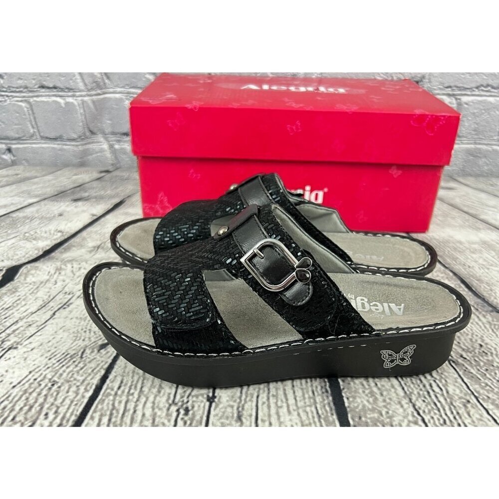 Alegria Peggy Black Dazzler Leather Adjustable Slide Sandals 37 7/7.5 M - Picture 1 of 9